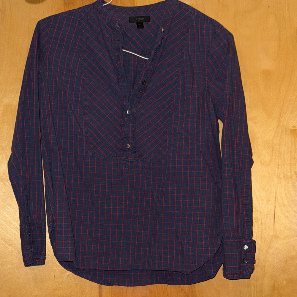 J. Crew Women’s Navy and Red Checkered Shirt Size 6